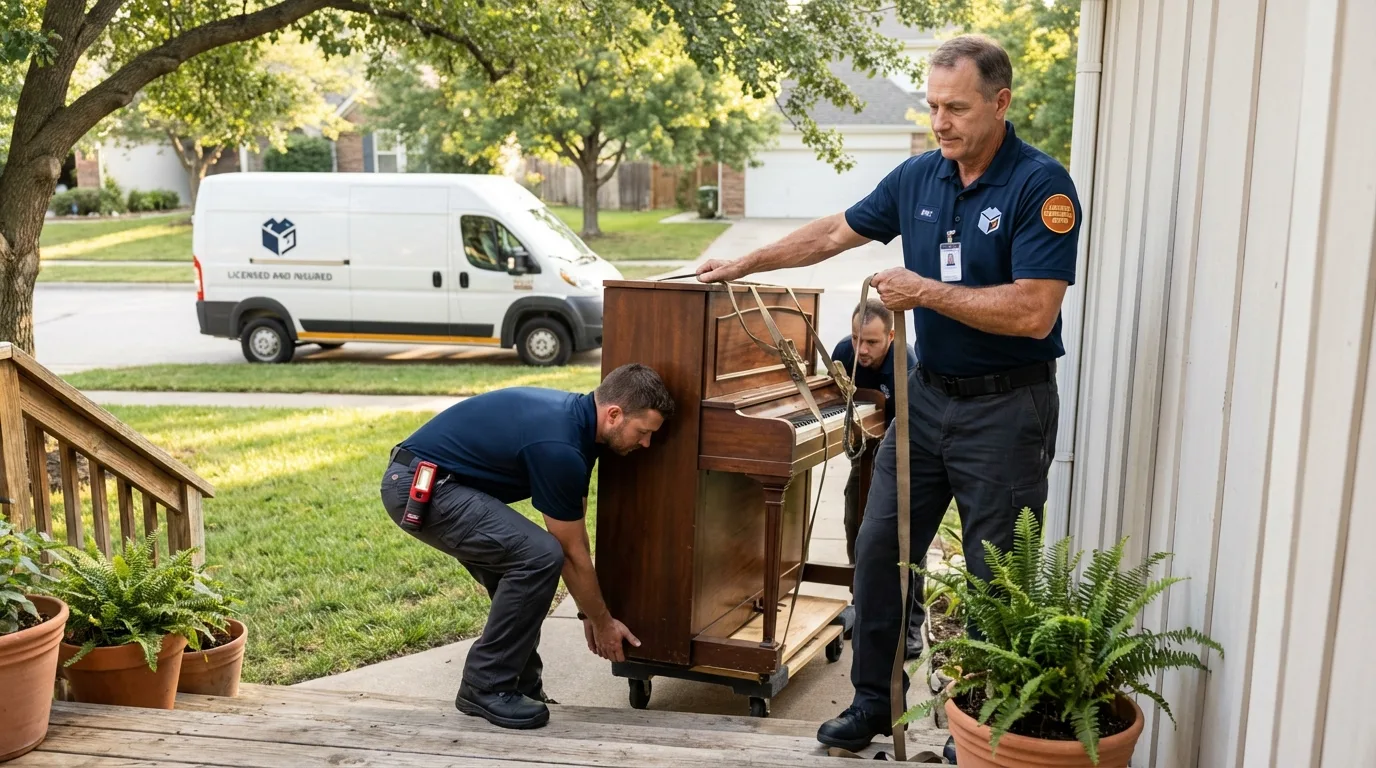 Licensed piano movers securing grand piano in Las Marias, PR
