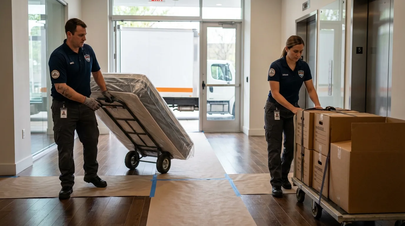 Professional apartment movers loading elevator in Las Marias, PR