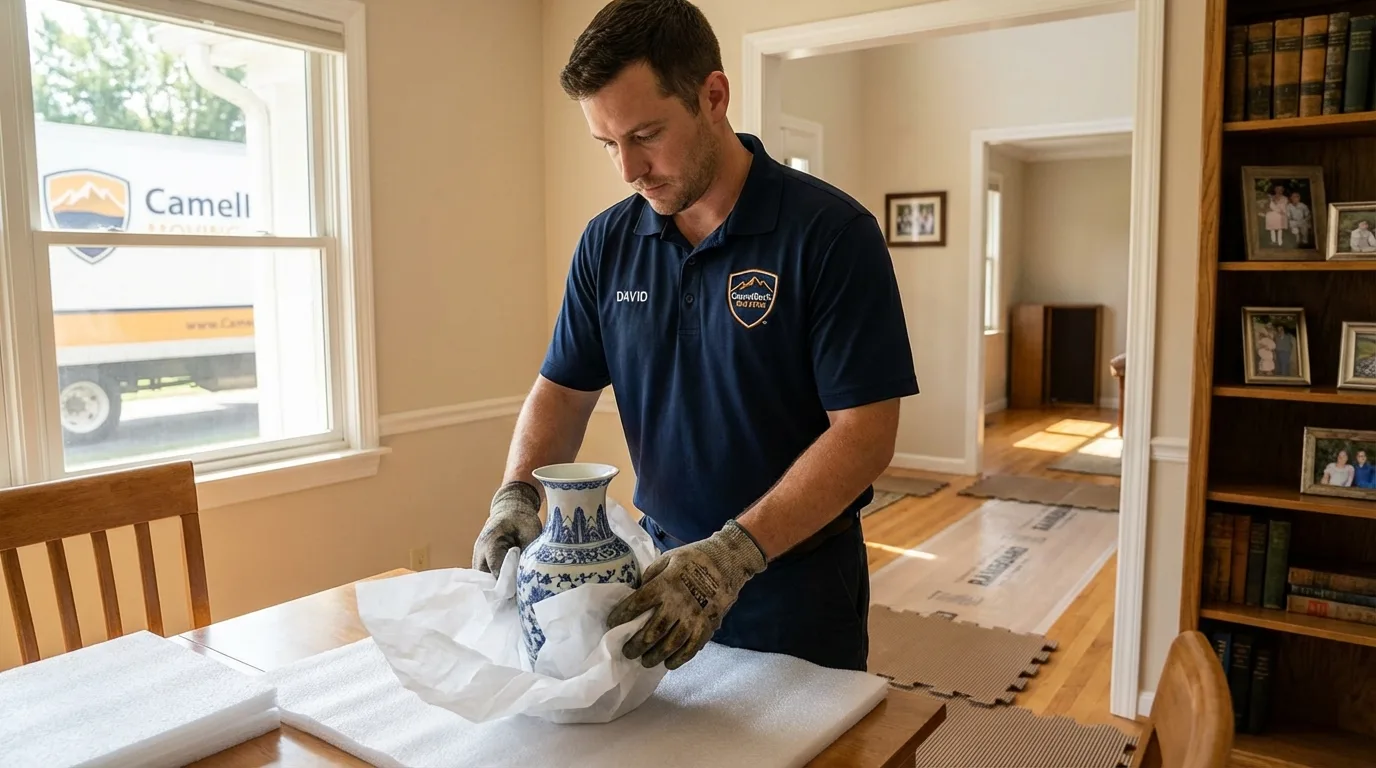 Professional crew carefully wrapping antique vase for senior downsizing move in Las Marias, PR