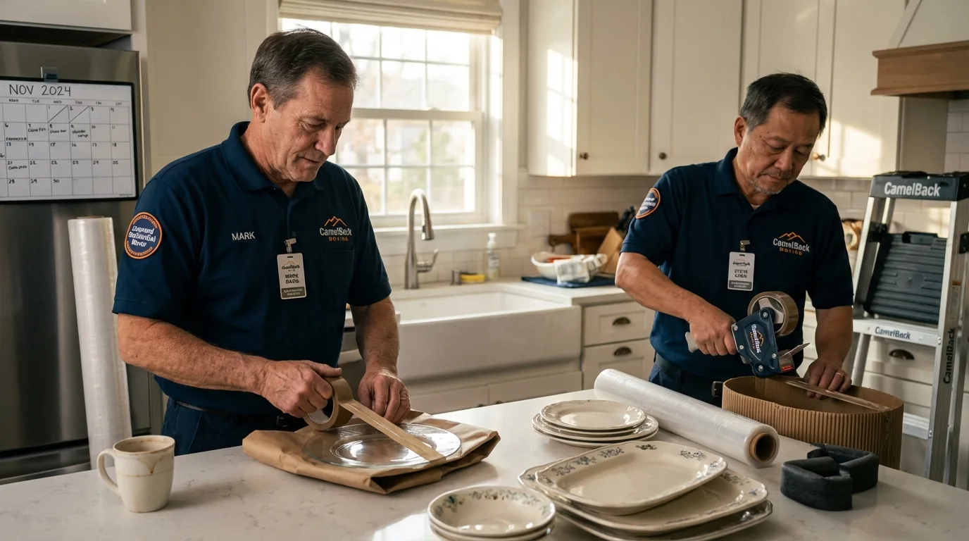 Professional crew packing kitchen dishware in Las Marias, PR